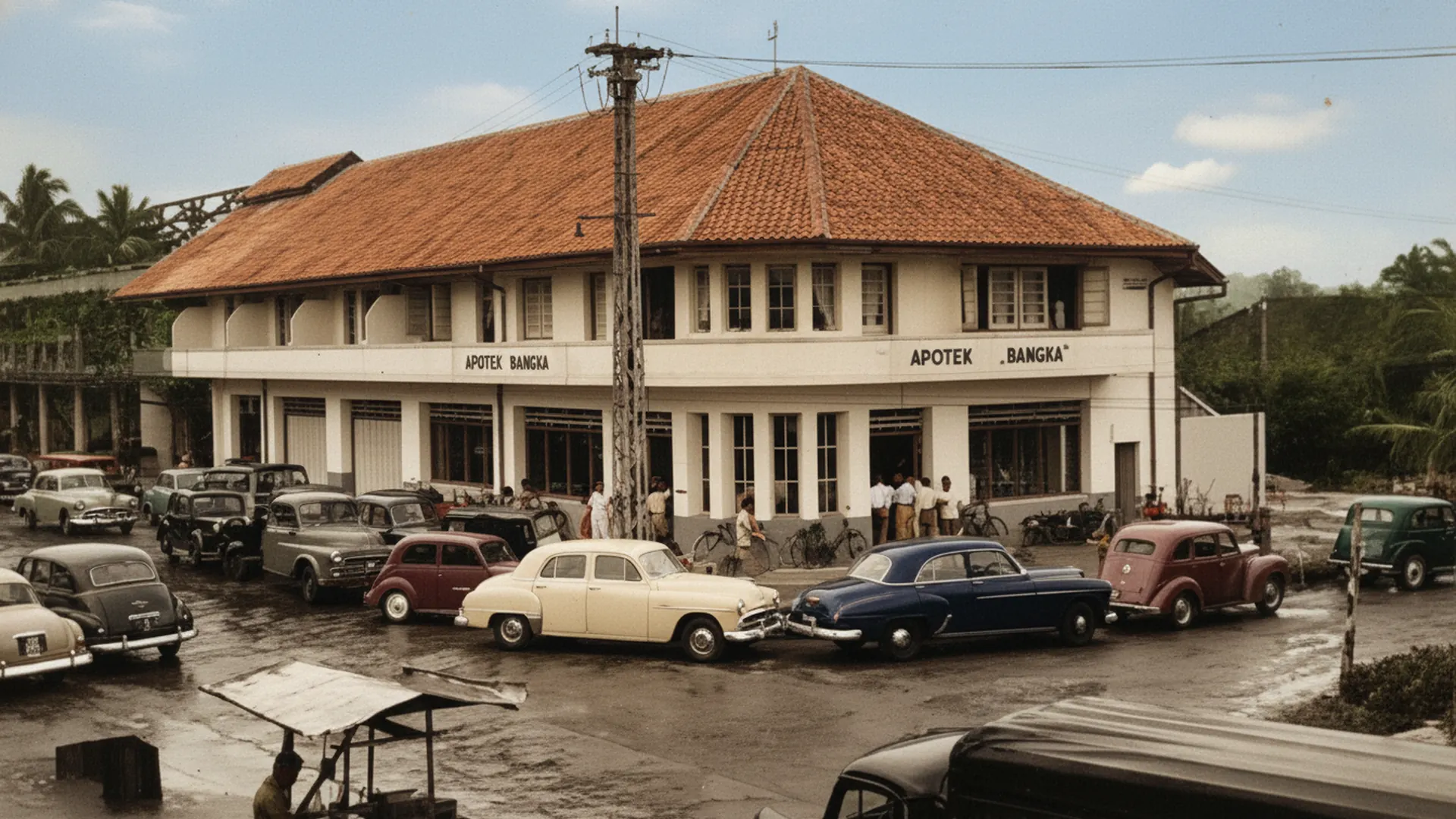 Bangunan Apotek Bangka di Jl. M.H. Muhidin Pangkalpinang tahun 1950-an, direkonstruksi warna penuh dengan AI