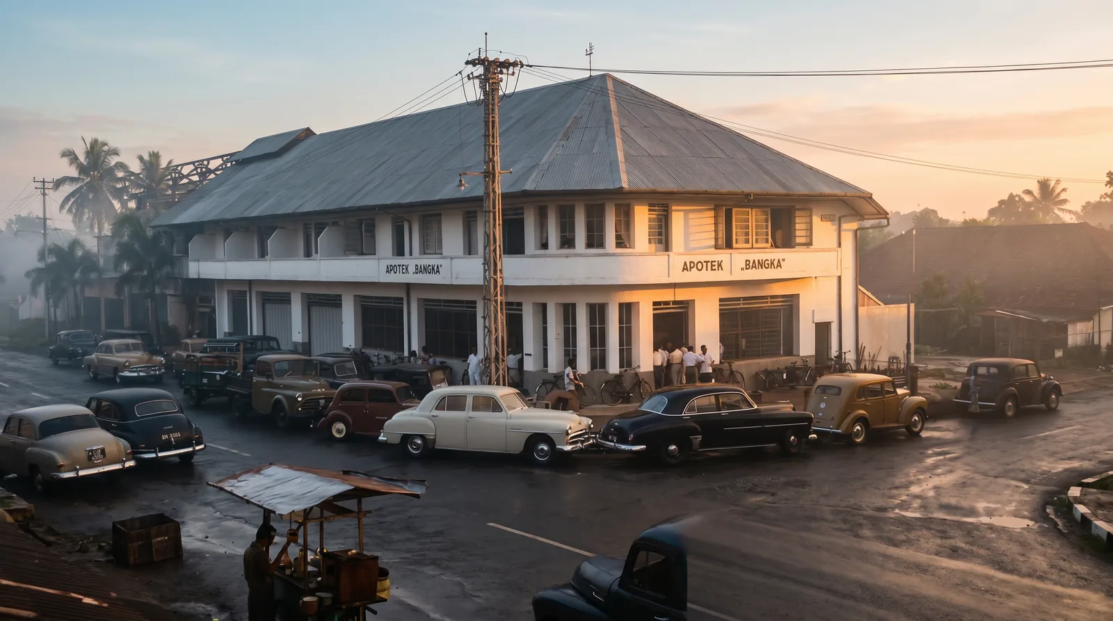 Gedung Apotek Bangka tahun 1954 dengan mobil-mobil era 1950-an di depannya